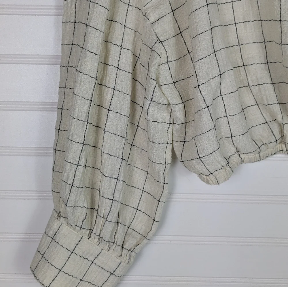 Zara S Cropped Ivory Windowpane Faux Wrap Collared  long Sleeve Blouse - Picture 6 of 7